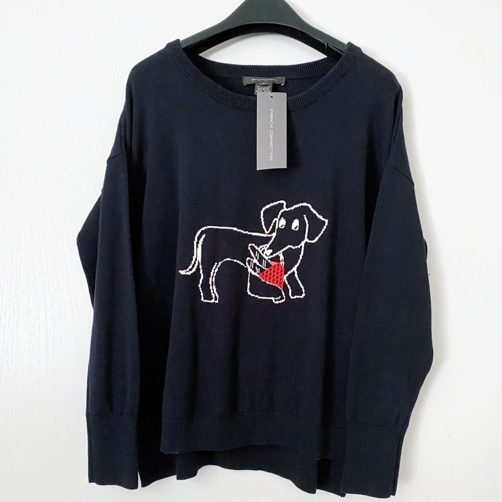 French Connection Le Weenie dachshund dog crew neck sweater